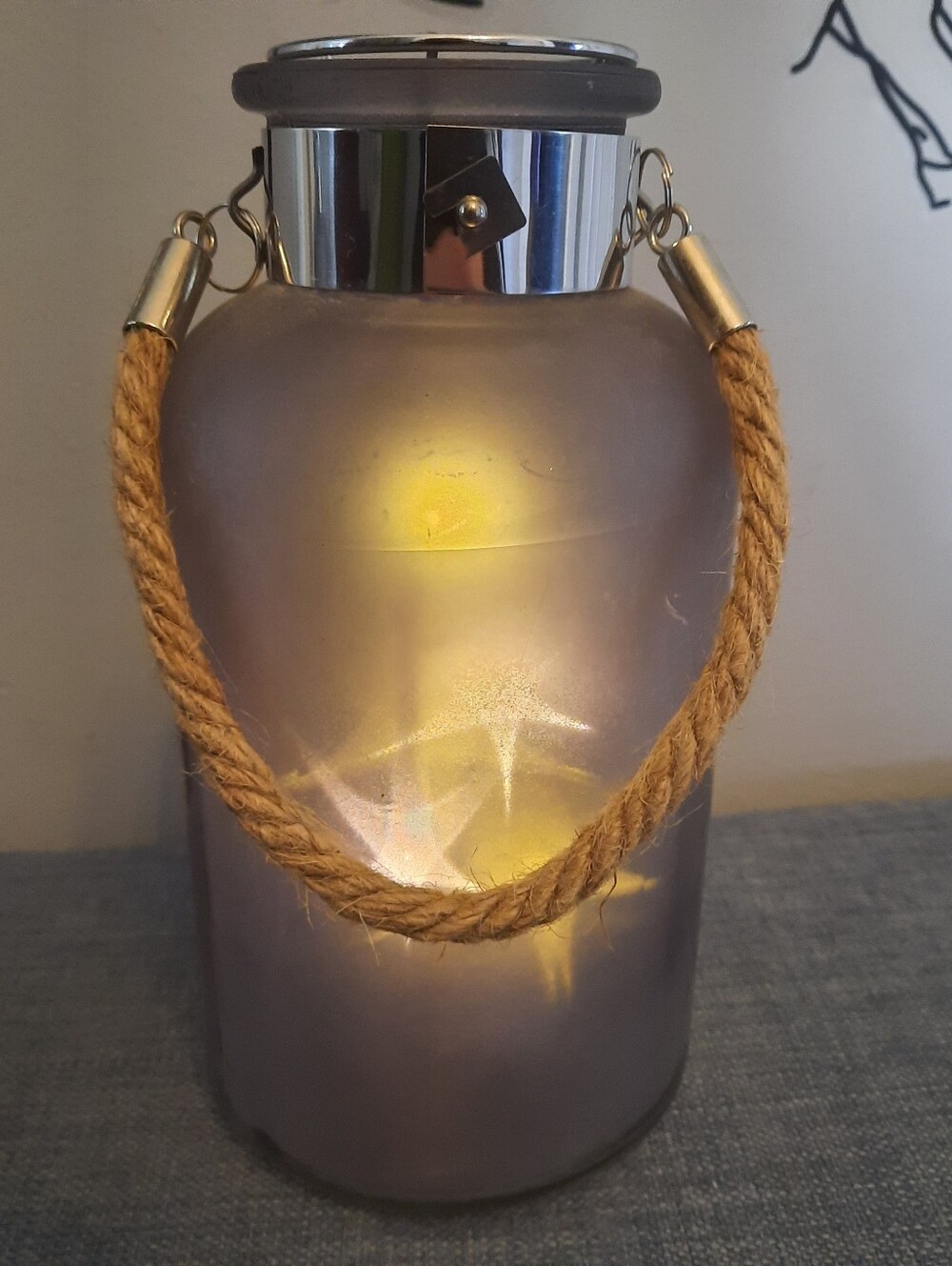 Rustic Rope-Handled Frosted Glass Lantern - Gray With Bat Op String Lights